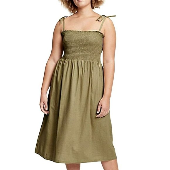 GAP Dresses & Skirts - GAP Women's Smocked Bodice Shoulder Tie Midi Dress Olive Green Size 16-18 XL